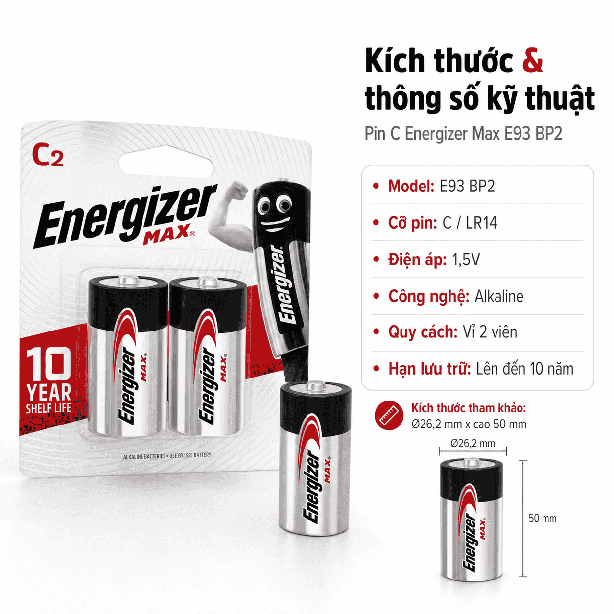 Pin C Energizer Max E93 BP2 thông số kỹ thuật kích thước cỡ C LR14