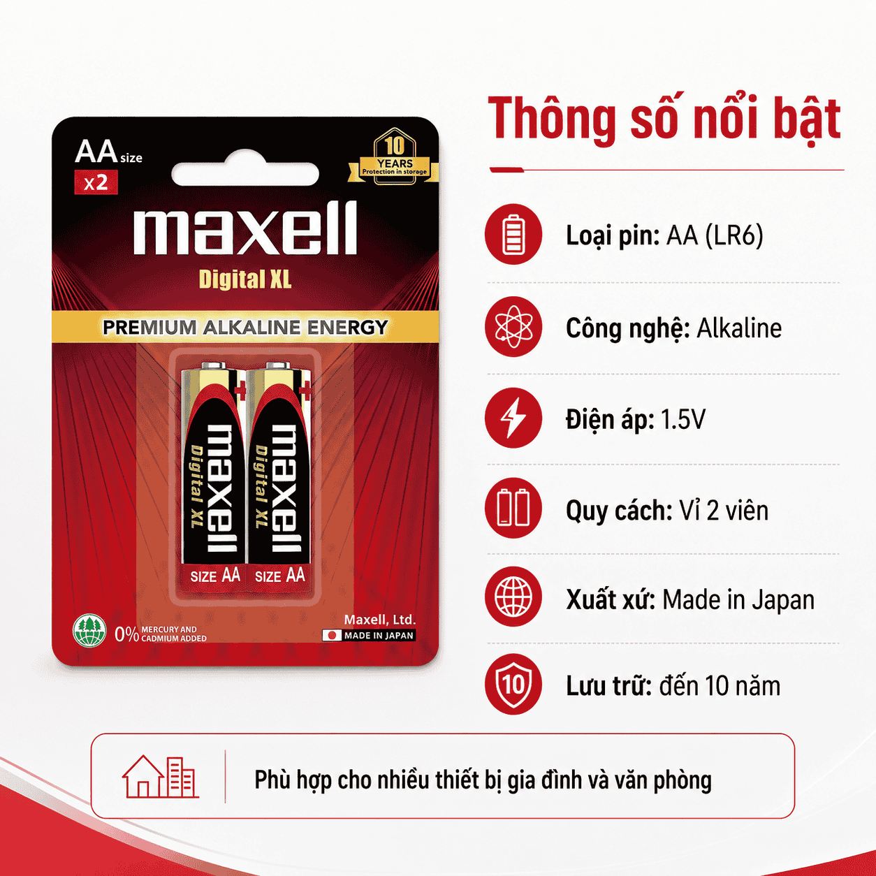 Thông số pin Maxell Premium Alkaline Digital XL AA 1.5V
