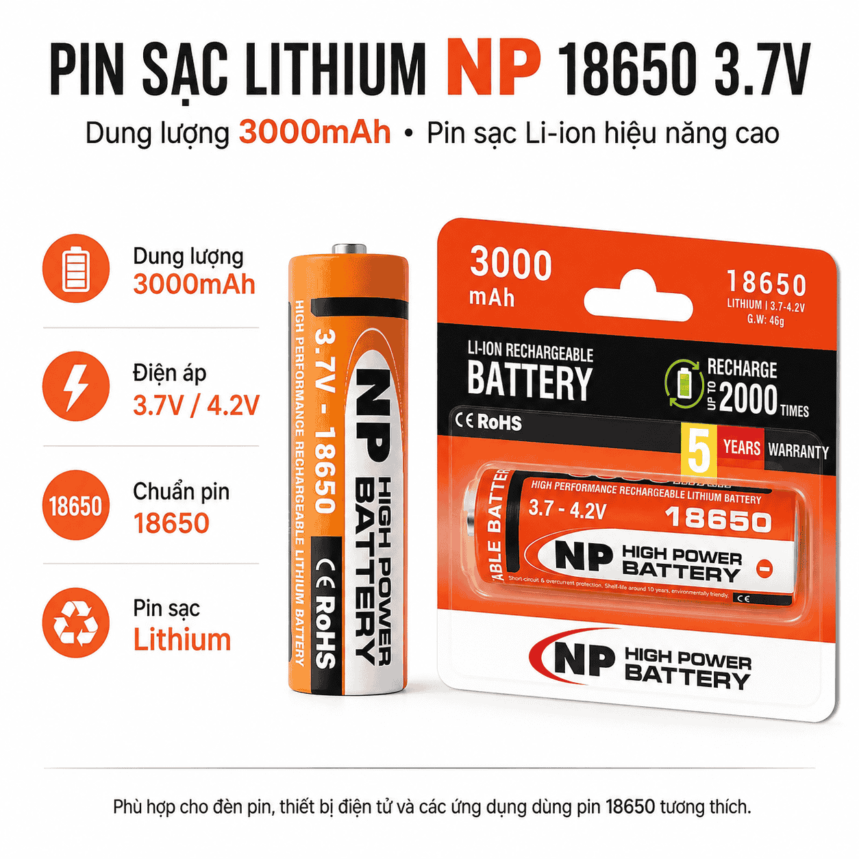 Pin sạc NP 18650 3.7V 3000mAh đầu lồi