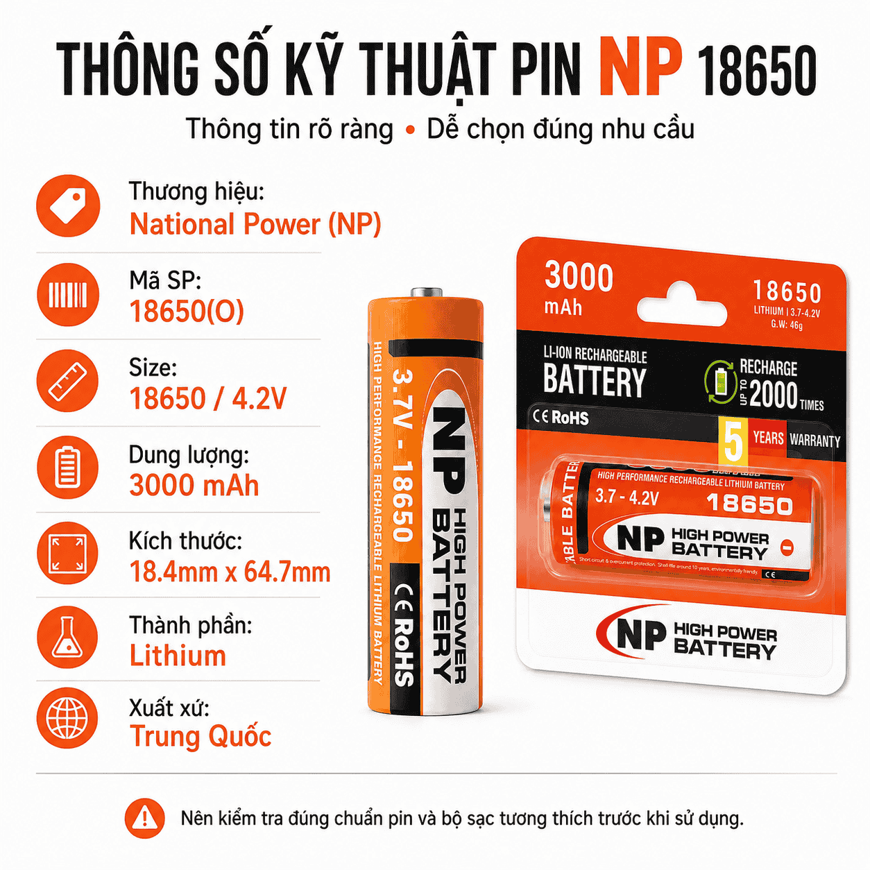 Thông số kỹ thuật pin NP 18650 3000mAh 3.7V