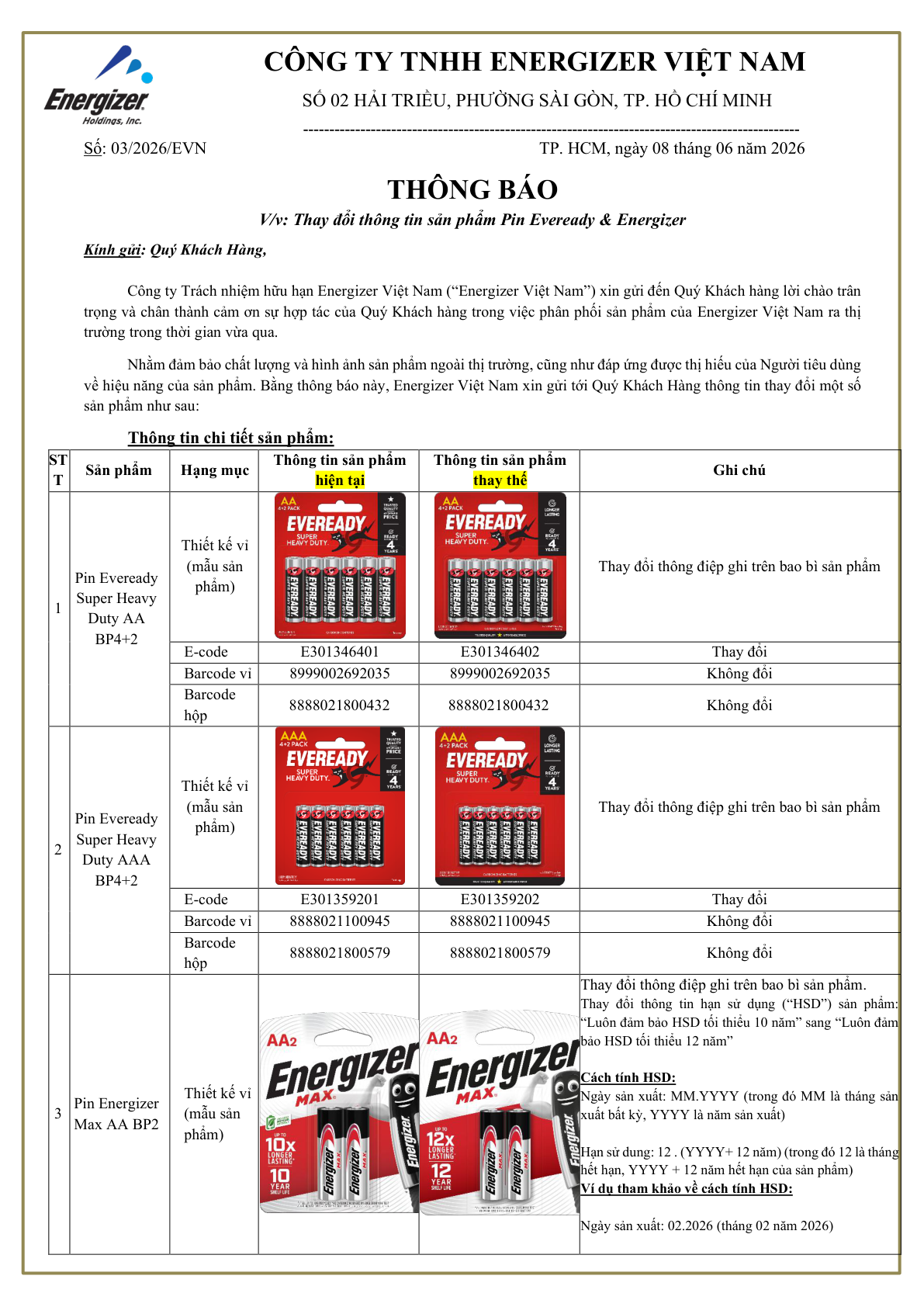 Thông báo Energizer Việt Nam thay đổi thông tin sản phẩm Eveready và Energizer năm 2026