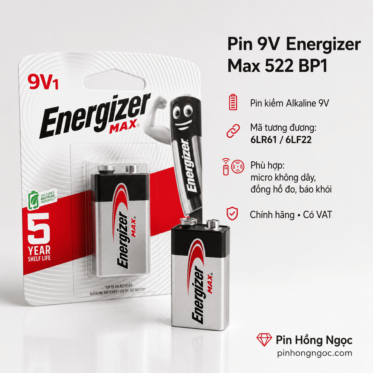 Pin 9V Energizer dùng cho micro, báo khói, đồng hồ đo và thiết bị âm thanh