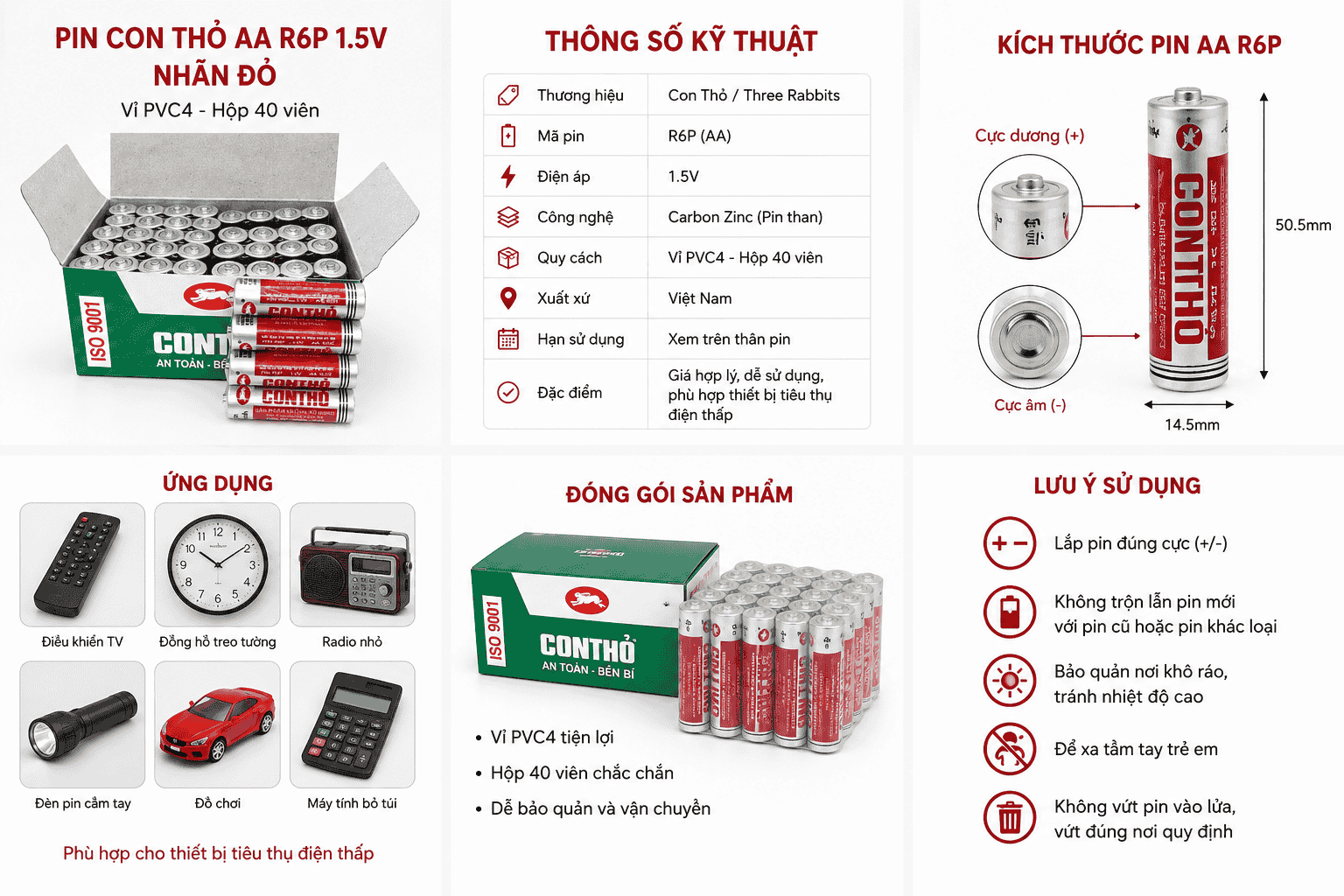Pin Con Thỏ AA R6P 1.5V nhãn đỏ vỉ PVC4 hộp 40 viên