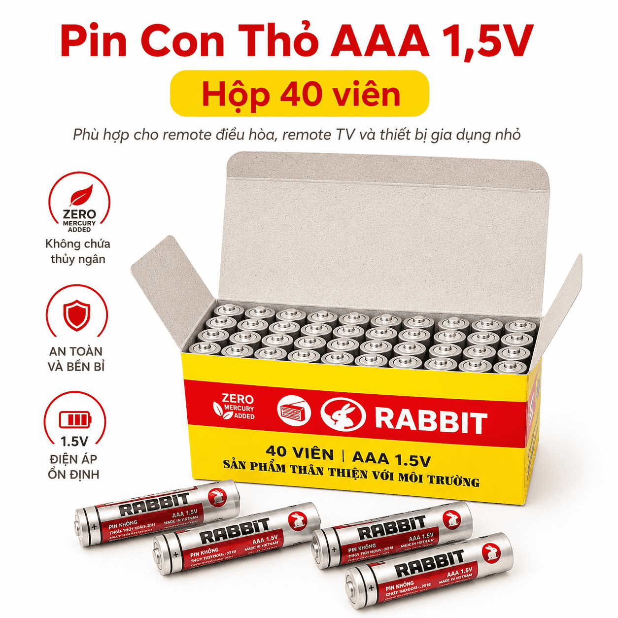 Pin Con Thỏ AAA 1.5V hộp 40 viên chính hãng