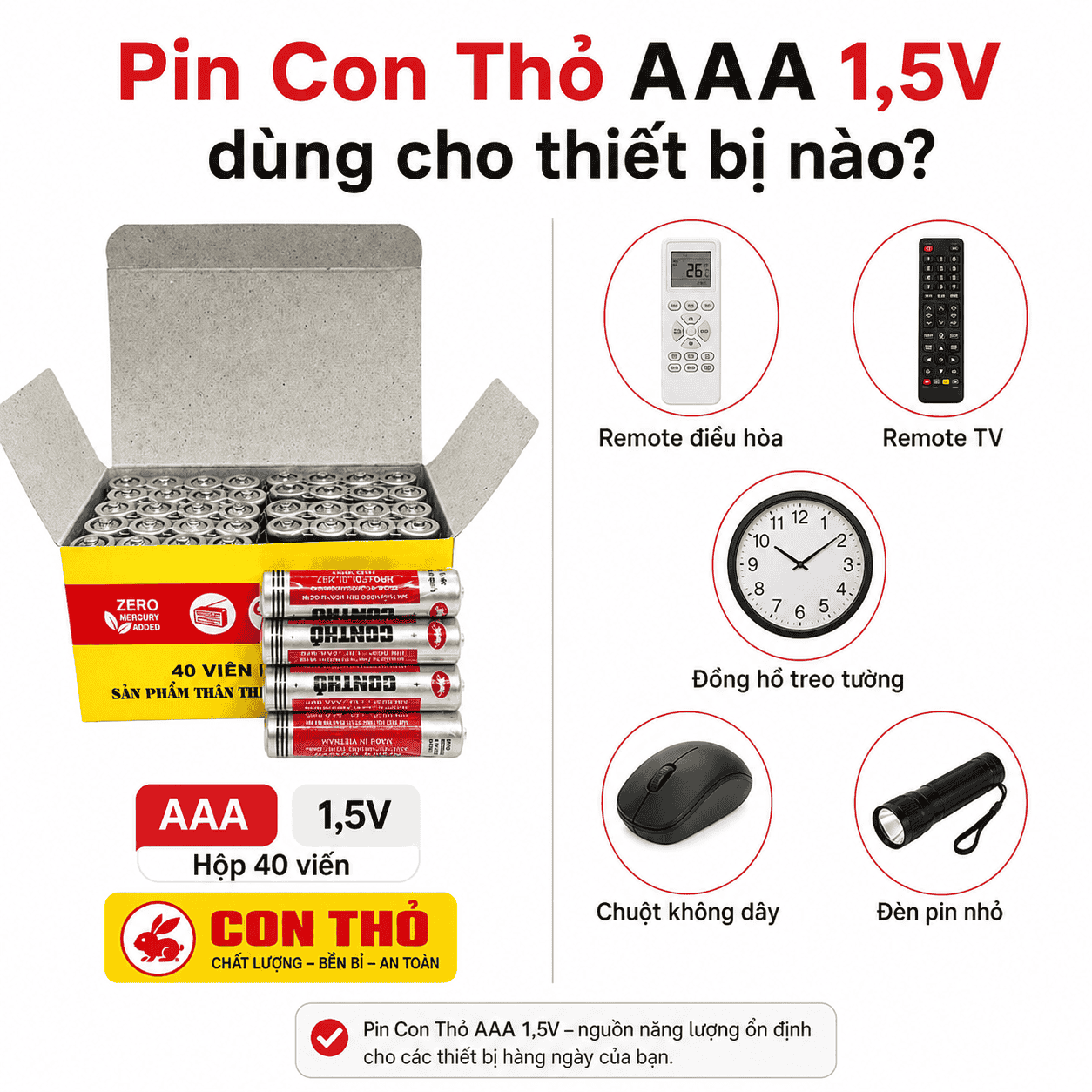 Thông số pin Con Thỏ AAA 1.5V hộp 40 viên