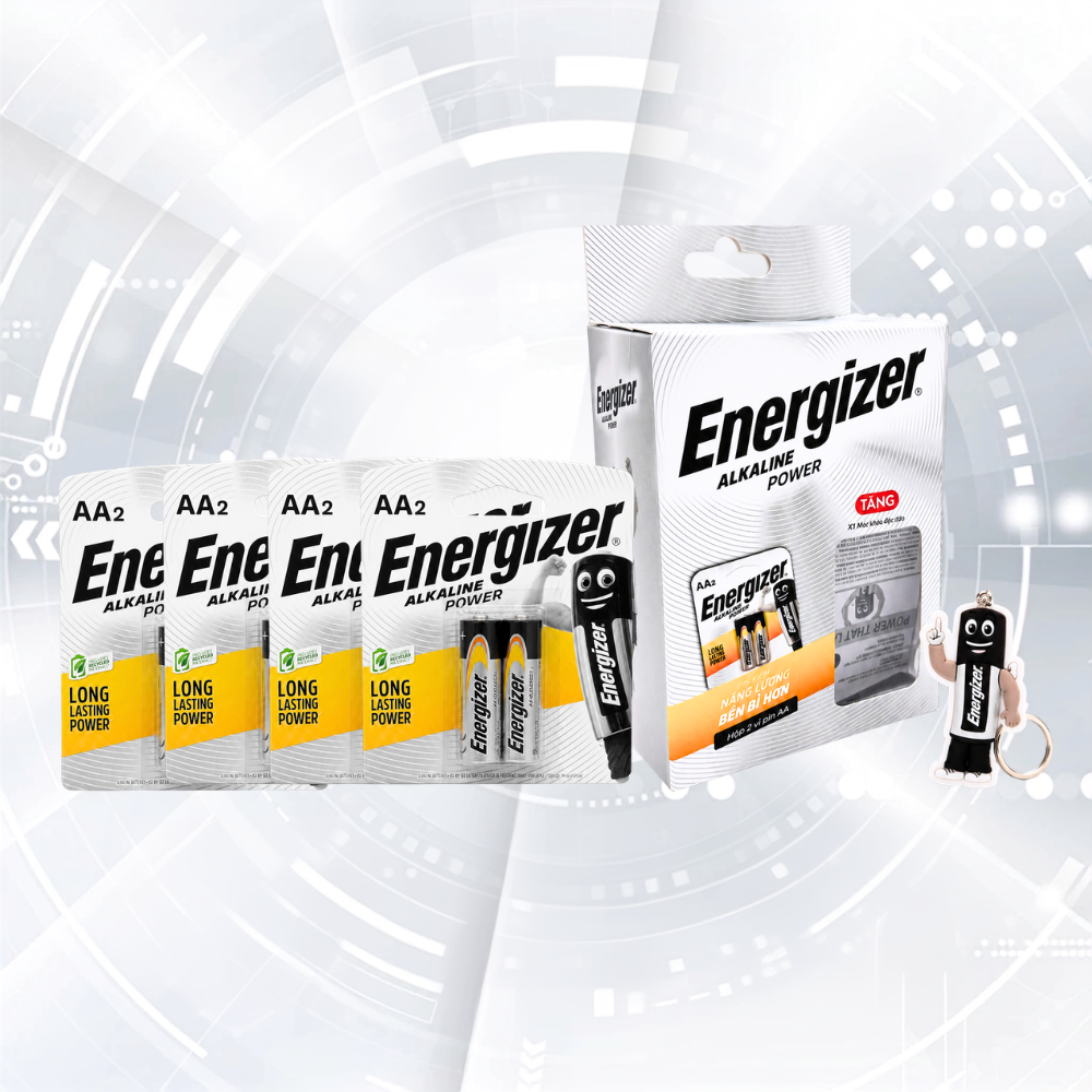 Hộp 8 viên pin AA Energizer Alkaline Power tặng kèm móc khóa đèn pin