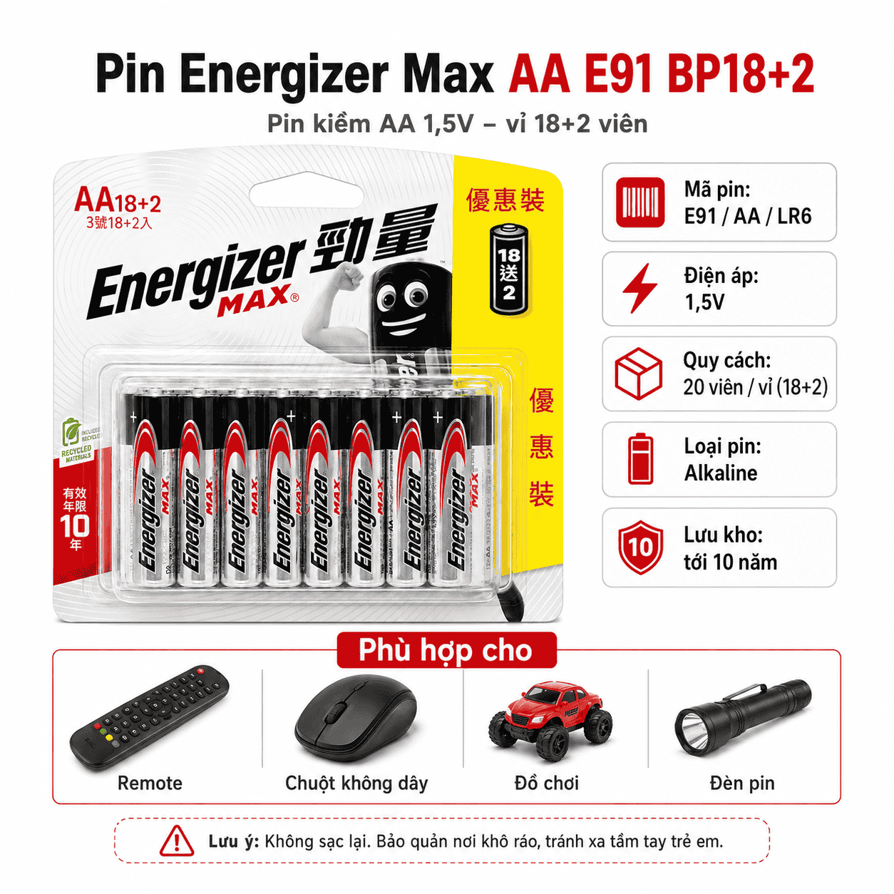 Pin Energizer Max AA E91 BP18+2 vỉ 20 viên pin kiềm AA 1,5V
