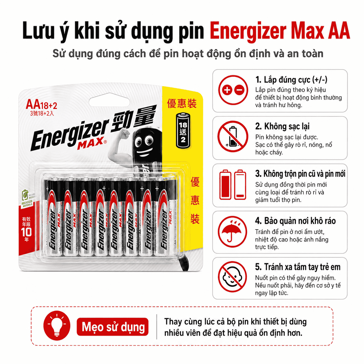 Lưu ý khi sử dụng pin Energizer Max AA E91 an toàn và đúng cách