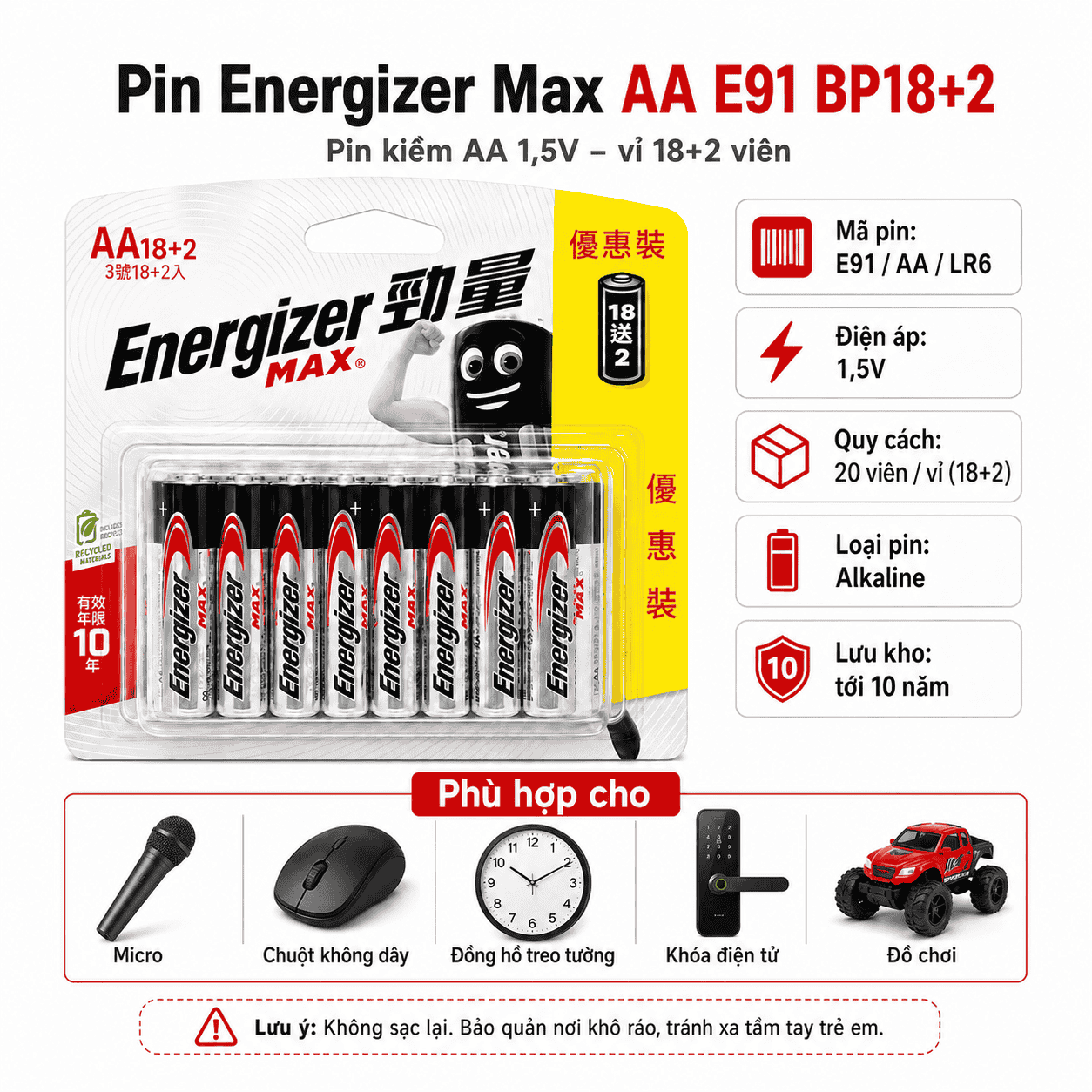 Pin Energizer Max AA E91 BP18+2 vỉ 20 viên pin kiềm AA 1,5V