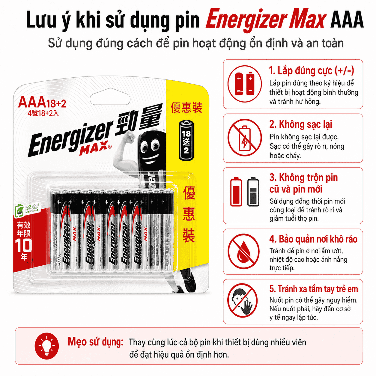 Lưu ý khi sử dụng pin Energizer Max AAA E92 an toàn và đúng cách