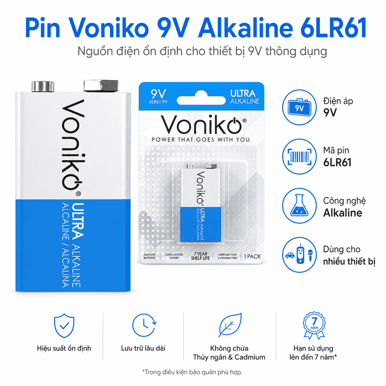 Thông số pin kiềm Voniko 9V 6LR61 Alkaline