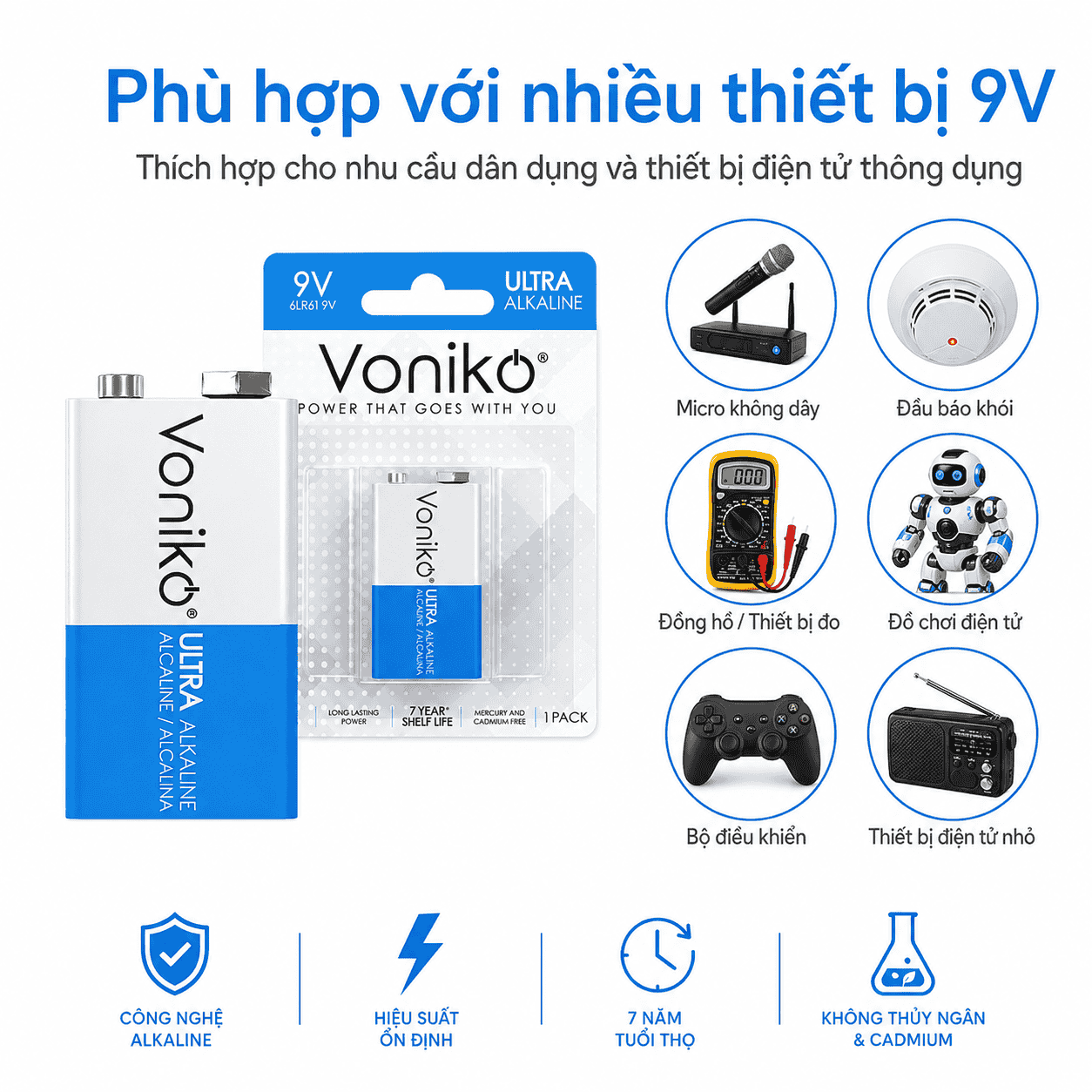 Pin Voniko 9V dùng cho micro thiết bị đo báo khói máy dò