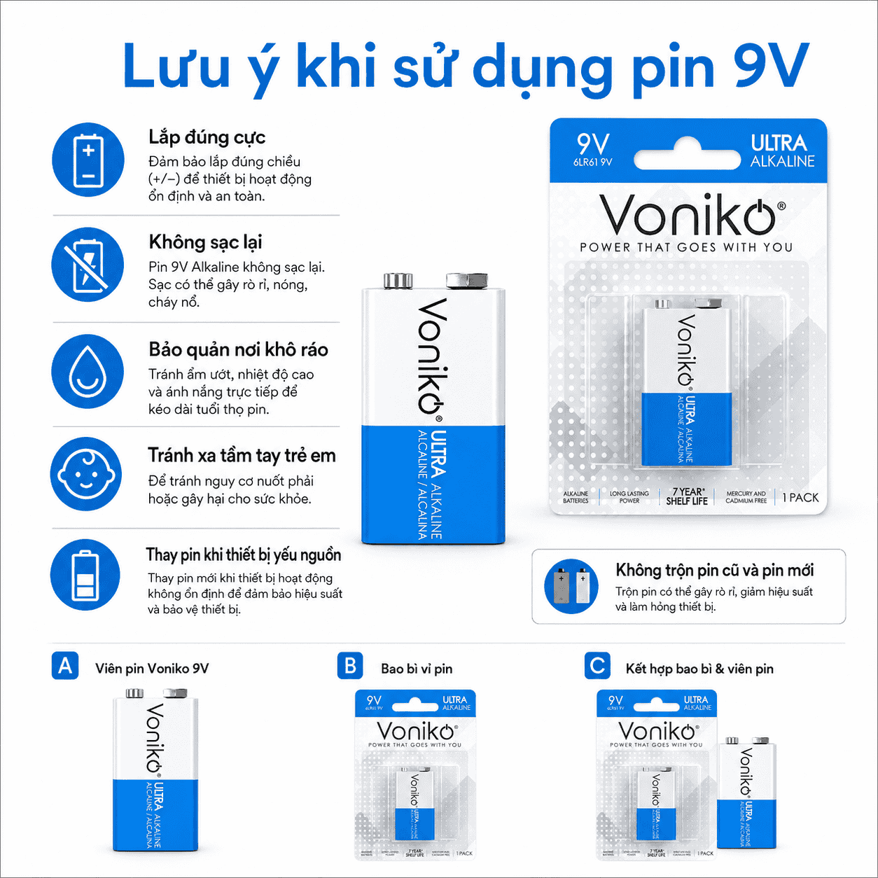 Hướng dẫn sử dụng và bảo quản pin kiềm Voniko 9V 6LR61