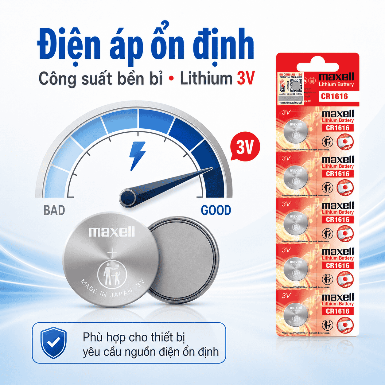 Pin Maxell CR1616 Lithium 3V điện áp ổn định cho thiết bị điện tử nhỏ