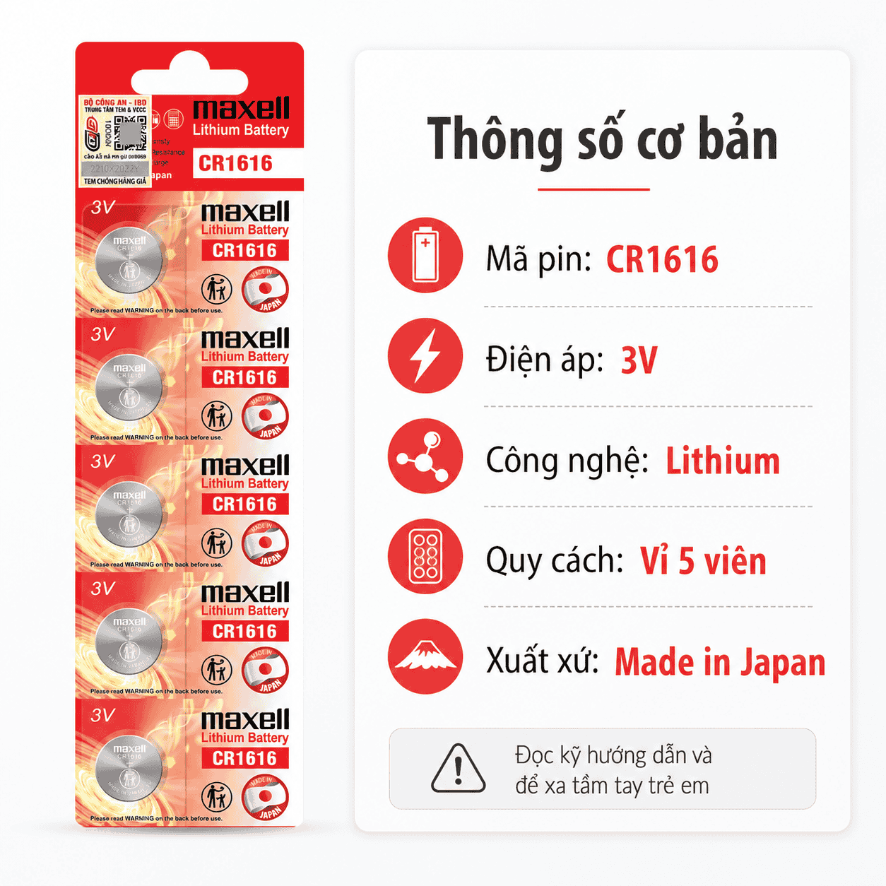 Thông số pin Maxell CR1616 Lithium 3V vỉ 5 viên Made in Japan