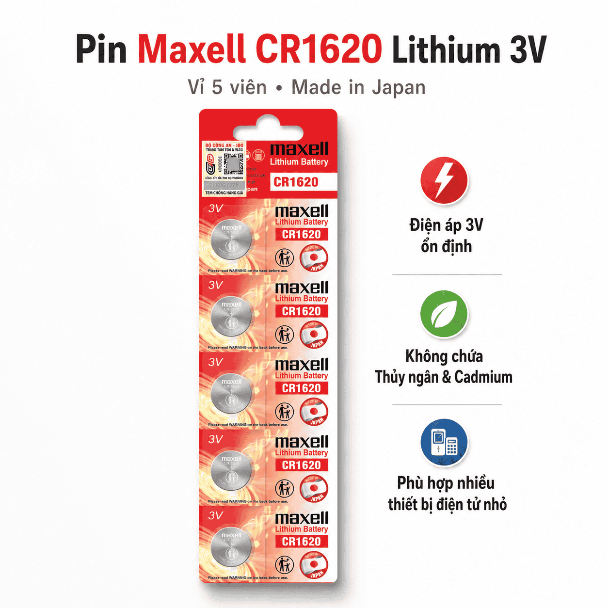 Pin Maxell CR1620 Lithium 3V vỉ 5 viên Made in Japan