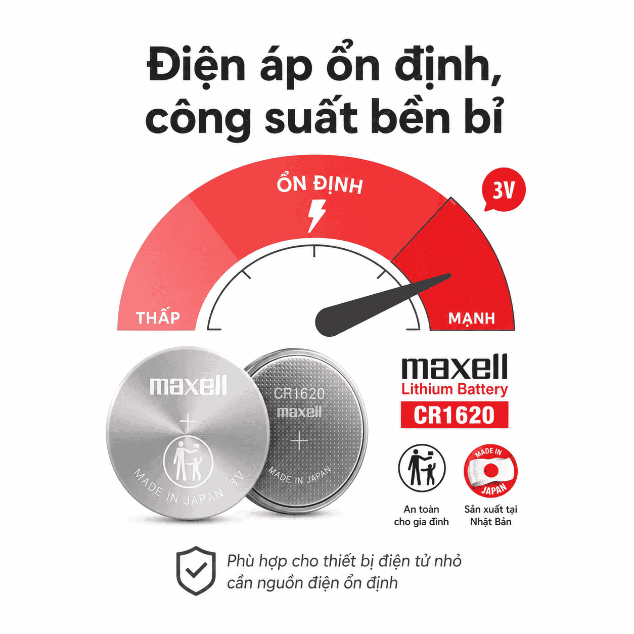 Pin Maxell CR1620 Lithium 3V điện áp ổn định cho thiết bị điện tử nhỏ