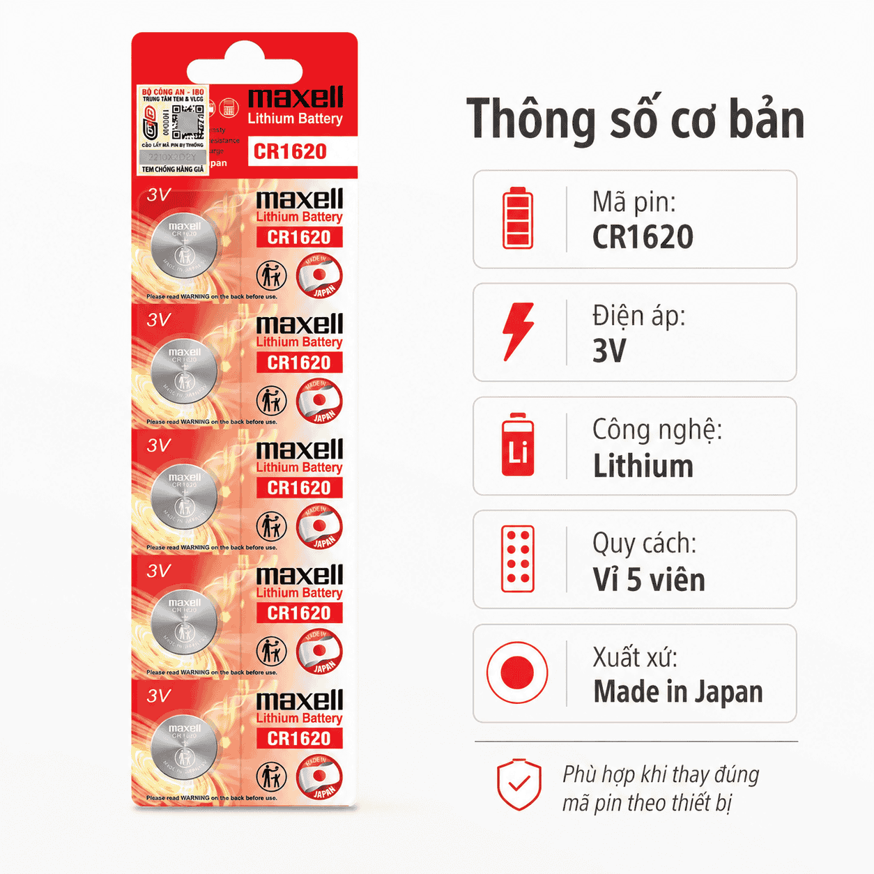 Thông số pin Maxell CR1620 Lithium 3V vỉ 5 viên Made in Japan