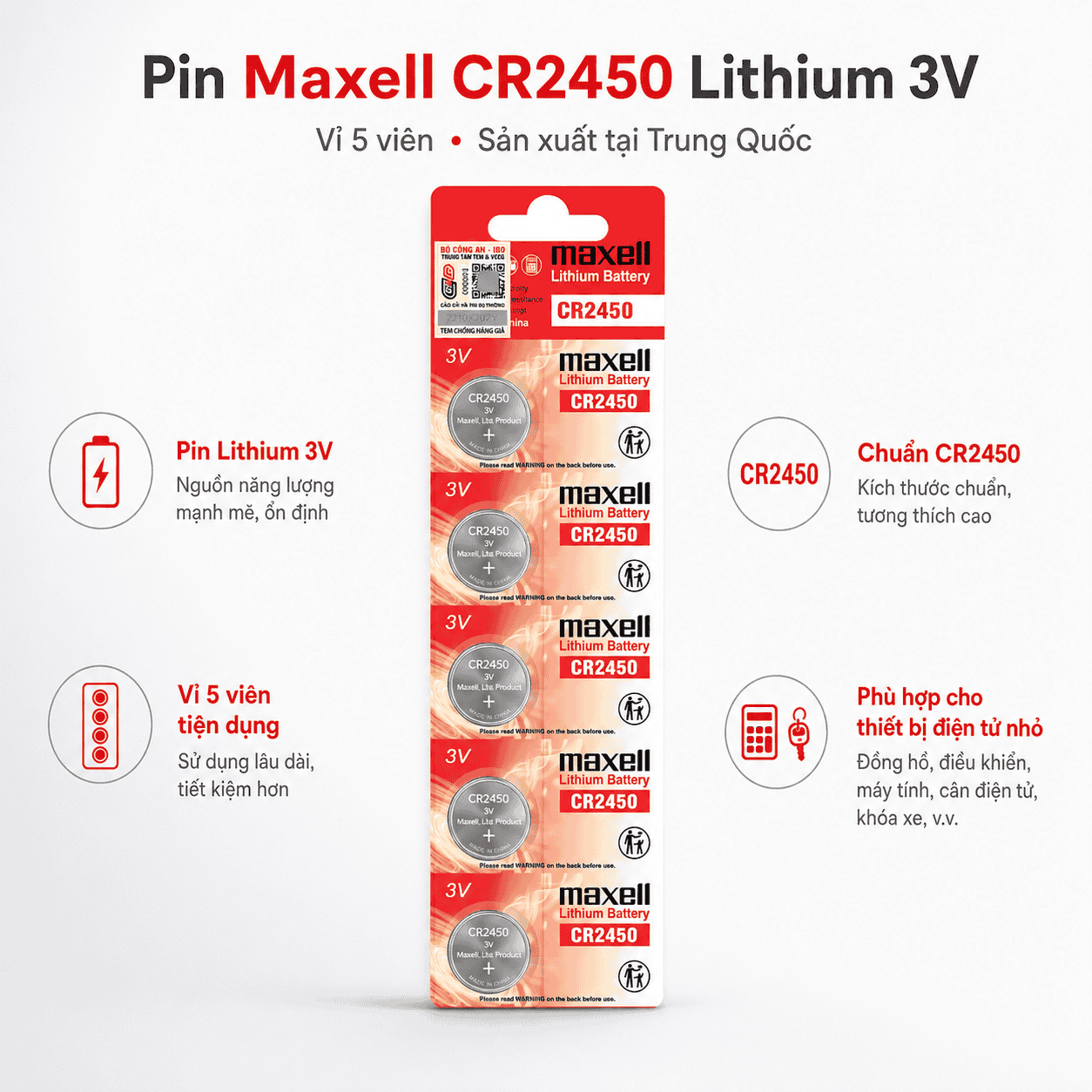 Pin Maxell CR2450 Lithium 3V vỉ 5 viên sản xuất tại Trung Quốc