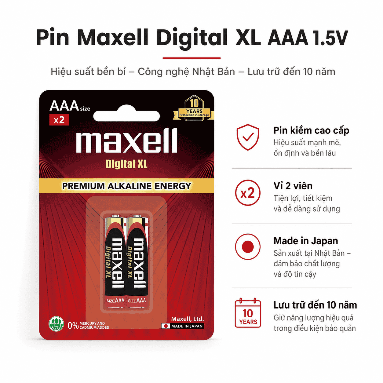 Hộp 20 viên pin Maxell Premium Alkaline Digital XL AAA 1.5V Made in Japan