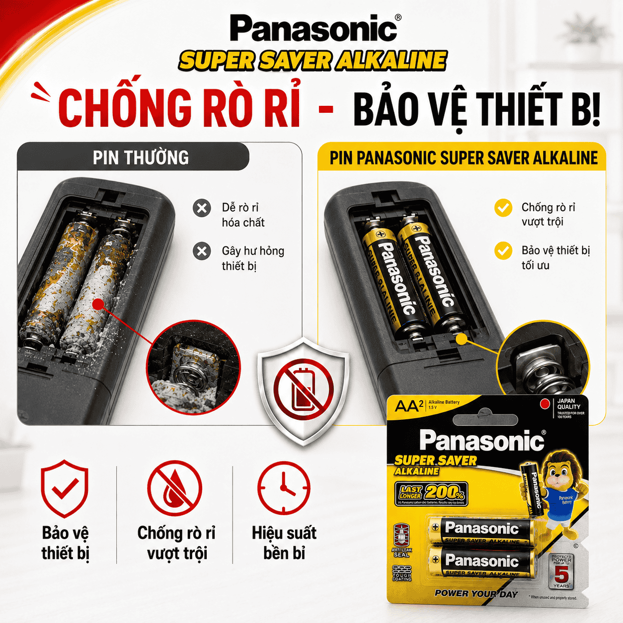 Pin Panasonic Super Saver Alkaline chống rò rỉ bảo vệ thiết bị