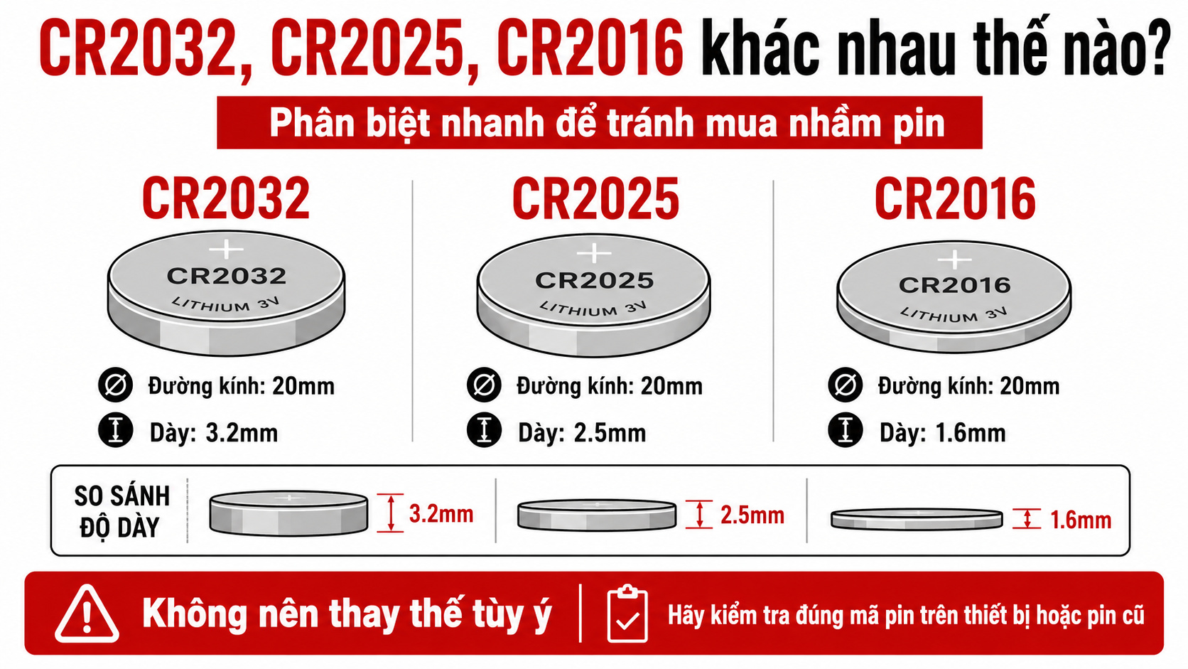 So sánh pin CR2032 CR2025 CR2016 khác nhau về độ dày và cách chọn đúng mã