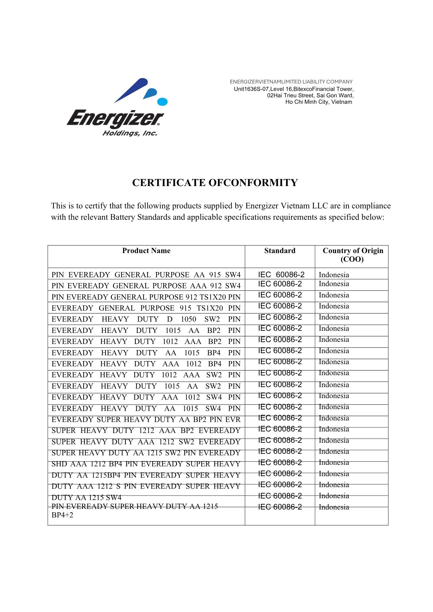 Tài liệu đối chiếu xuất xứ pin Energizer theo mã sản phẩm