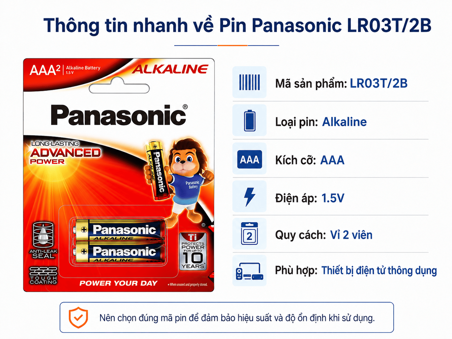 Thông tin nhanh về pin Panasonic Alkaline LR03T/2B AAA 1.5V vỉ 2 viên