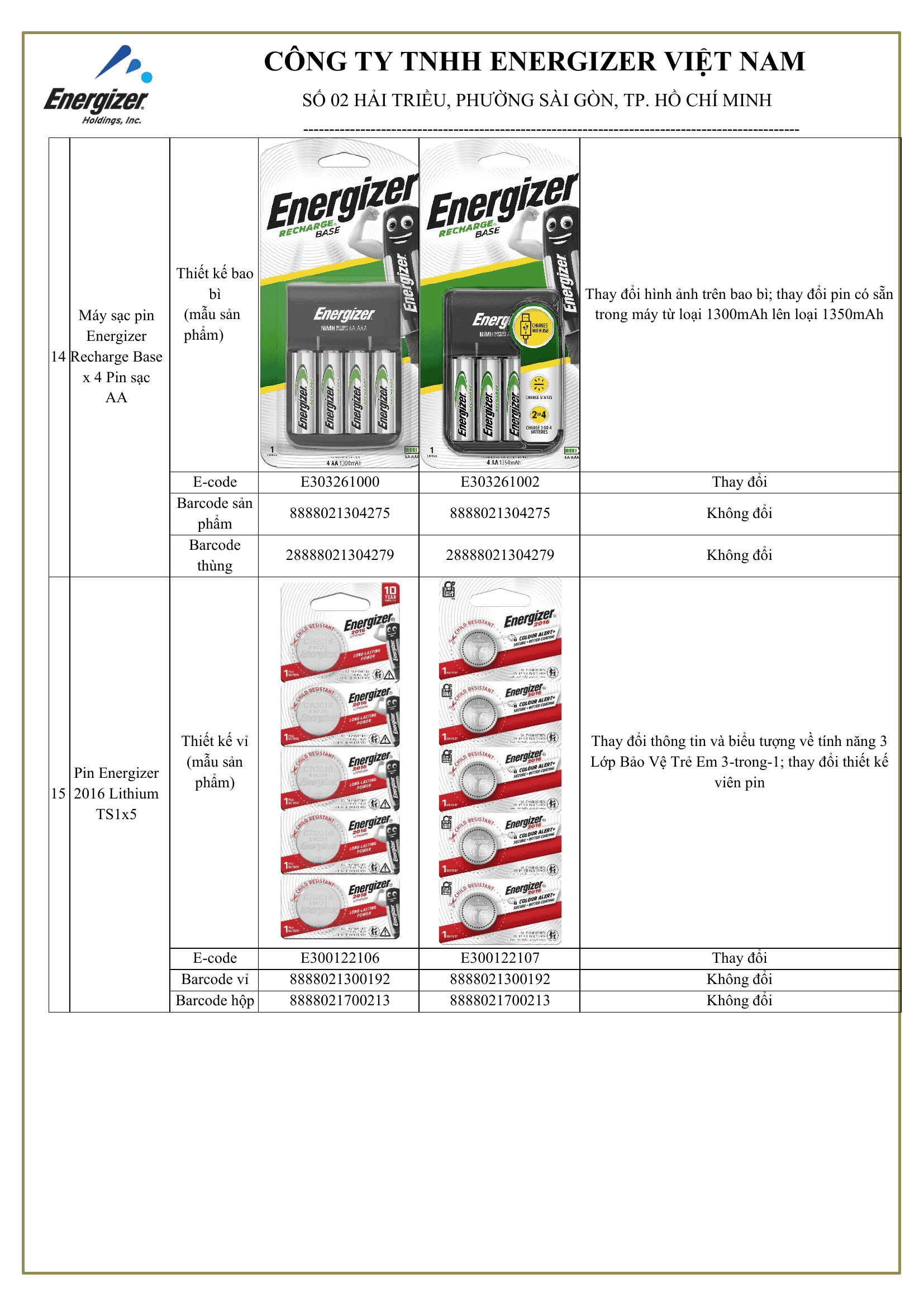 Máy sạc Energizer Recharge Base và pin Energizer 2016 Lithium thay đổi bao bì
