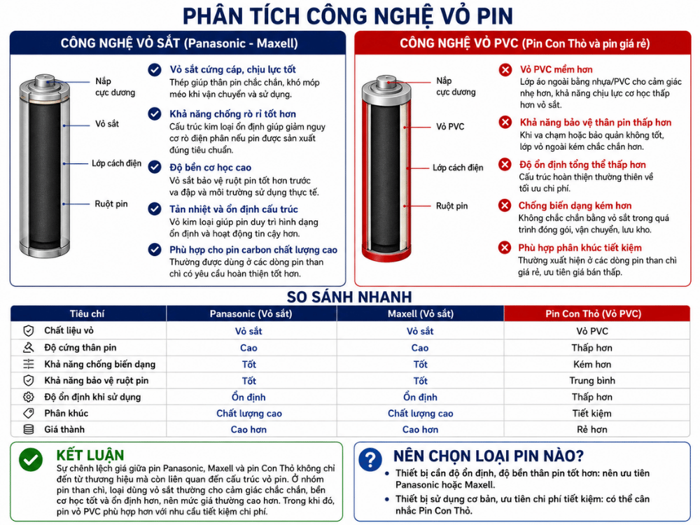 Phân tích công nghệ vỏ sắt và vỏ PVC trên pin than chì AA