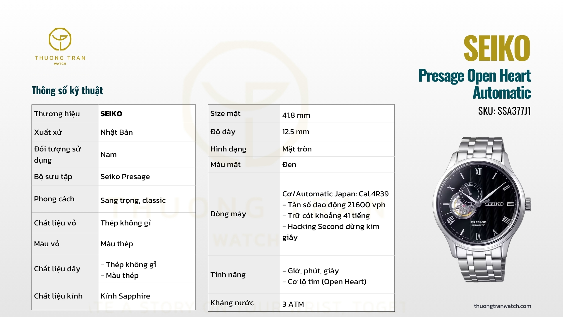 ĐỒNG HỒ NAM SEIKO AUTOMATIC PRESAGE OPEN HEART SSA377J1 (SARY093)