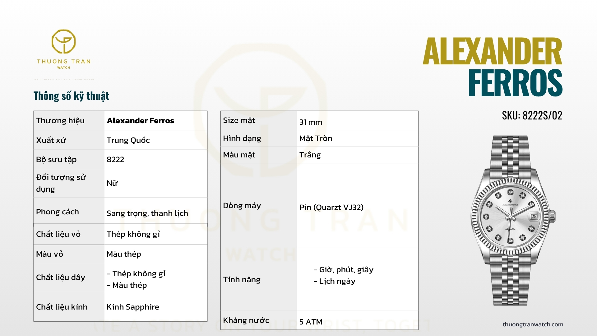 ĐỒNG HỒ NỮ ALEXANDER FERROS QUARTZ 8222S/02