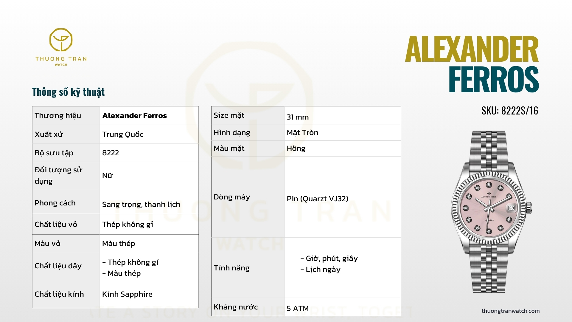 ĐỒNG HỒ NỮ ALEXANDER FERROS QUARTZ 8222S/16