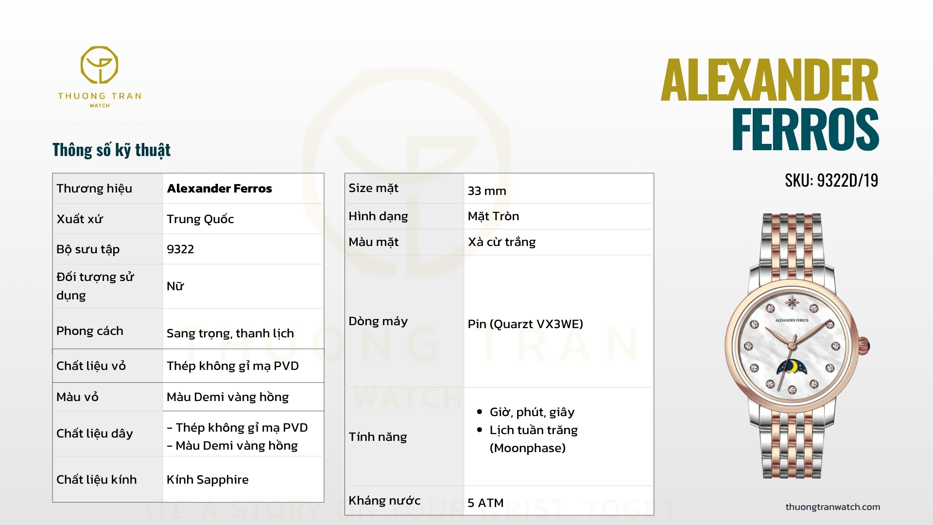 ĐỒNG HỒ NỮ ALEXANDER FERROS QUARTZ 9321D/19