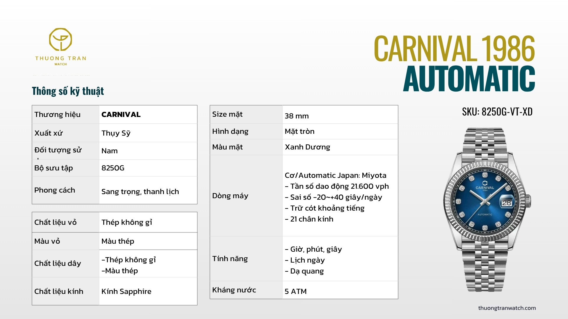 ĐỒNG HỒ NAM CARNIVAL AUTOMATIC 8250G-VT-XD