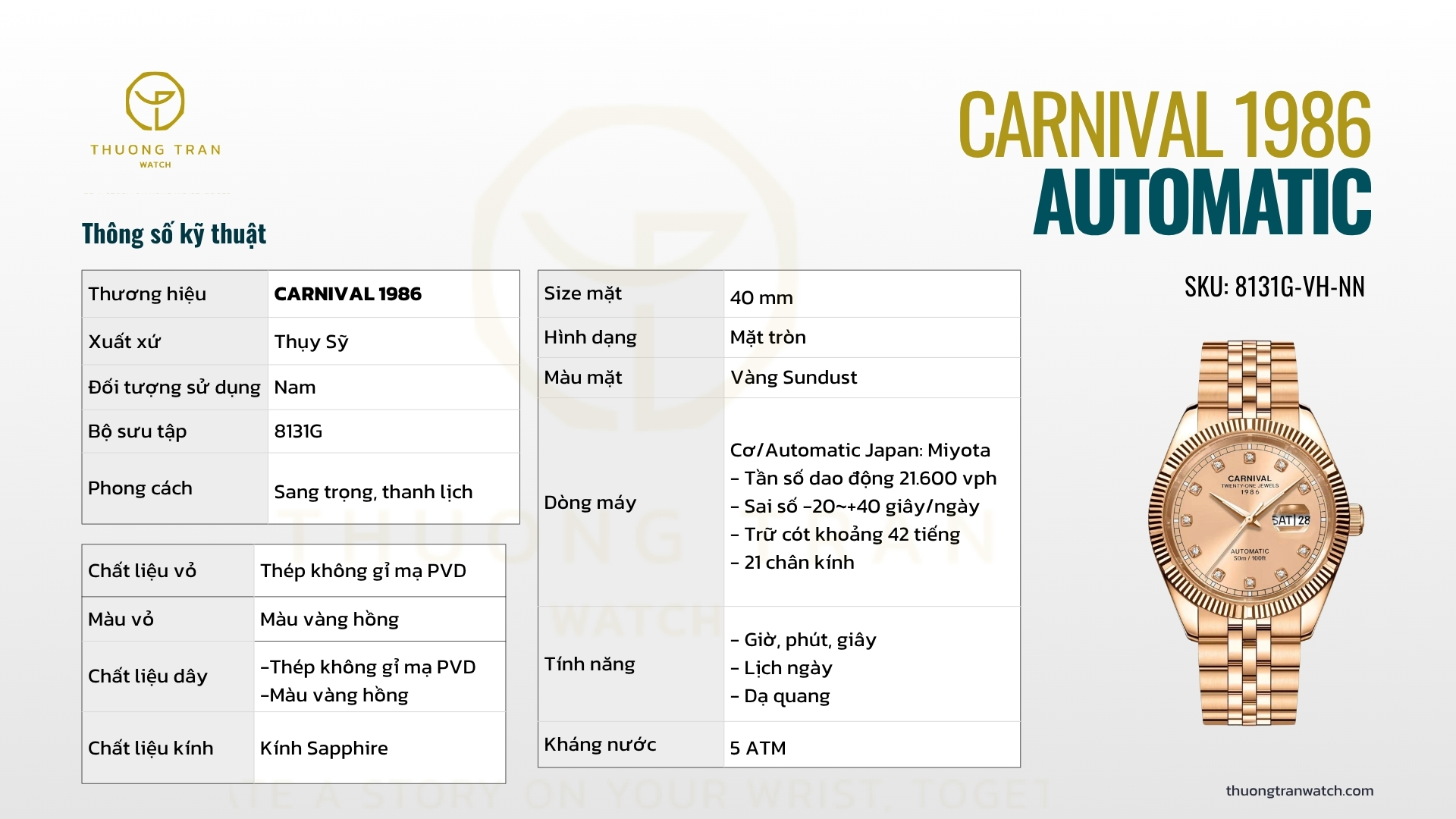 ĐỒNG HỒ NAM CARNIVAL AUTOMATIC 8131G-VH-NN