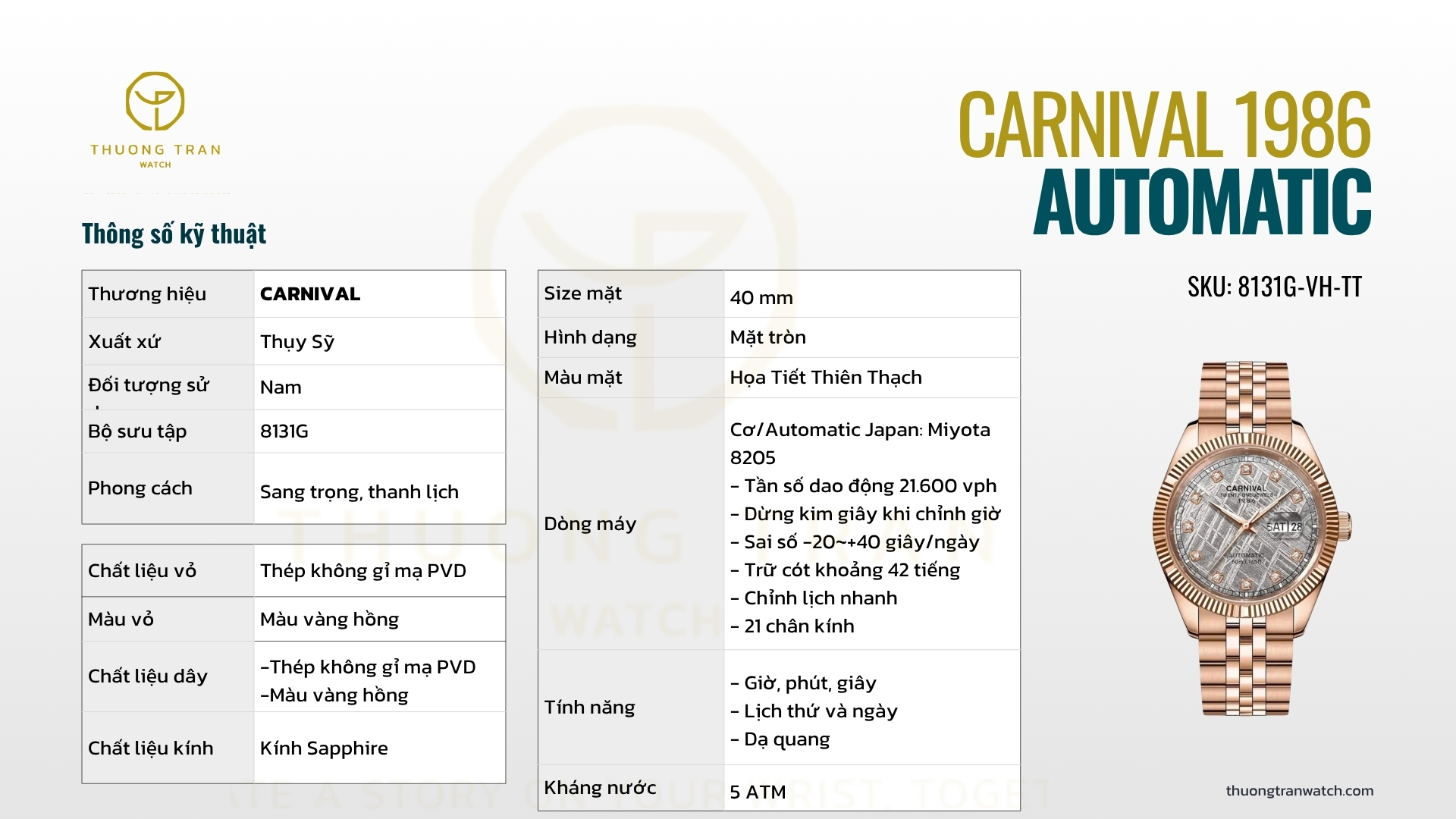 ĐỒNG HỒ NAM CARNIVAL AUTOMATIC 8131G-VH-TT