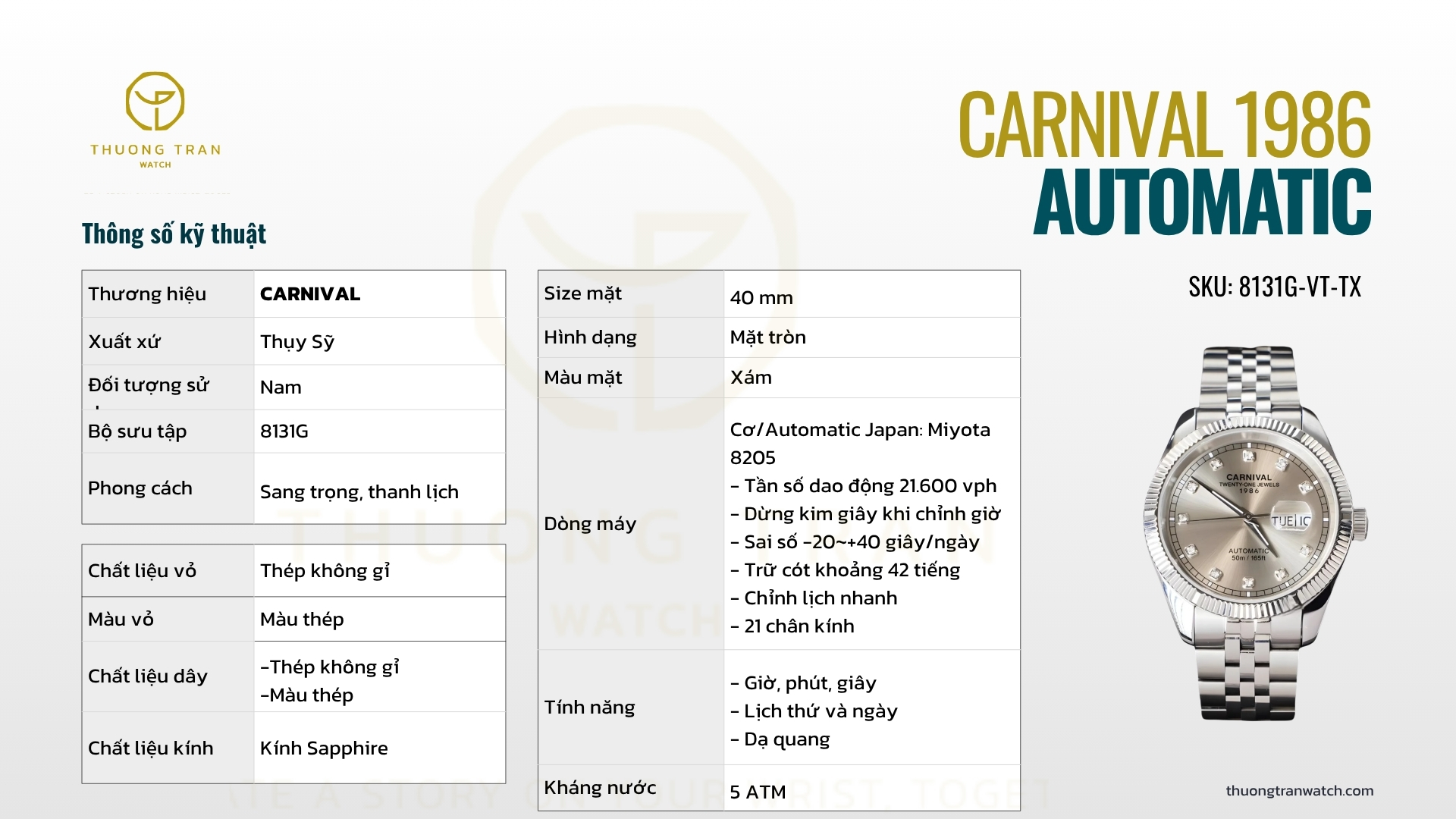 ĐỒNG HỒ NAM CARNIVAL AUTOMATIC 8131G-VT-TX