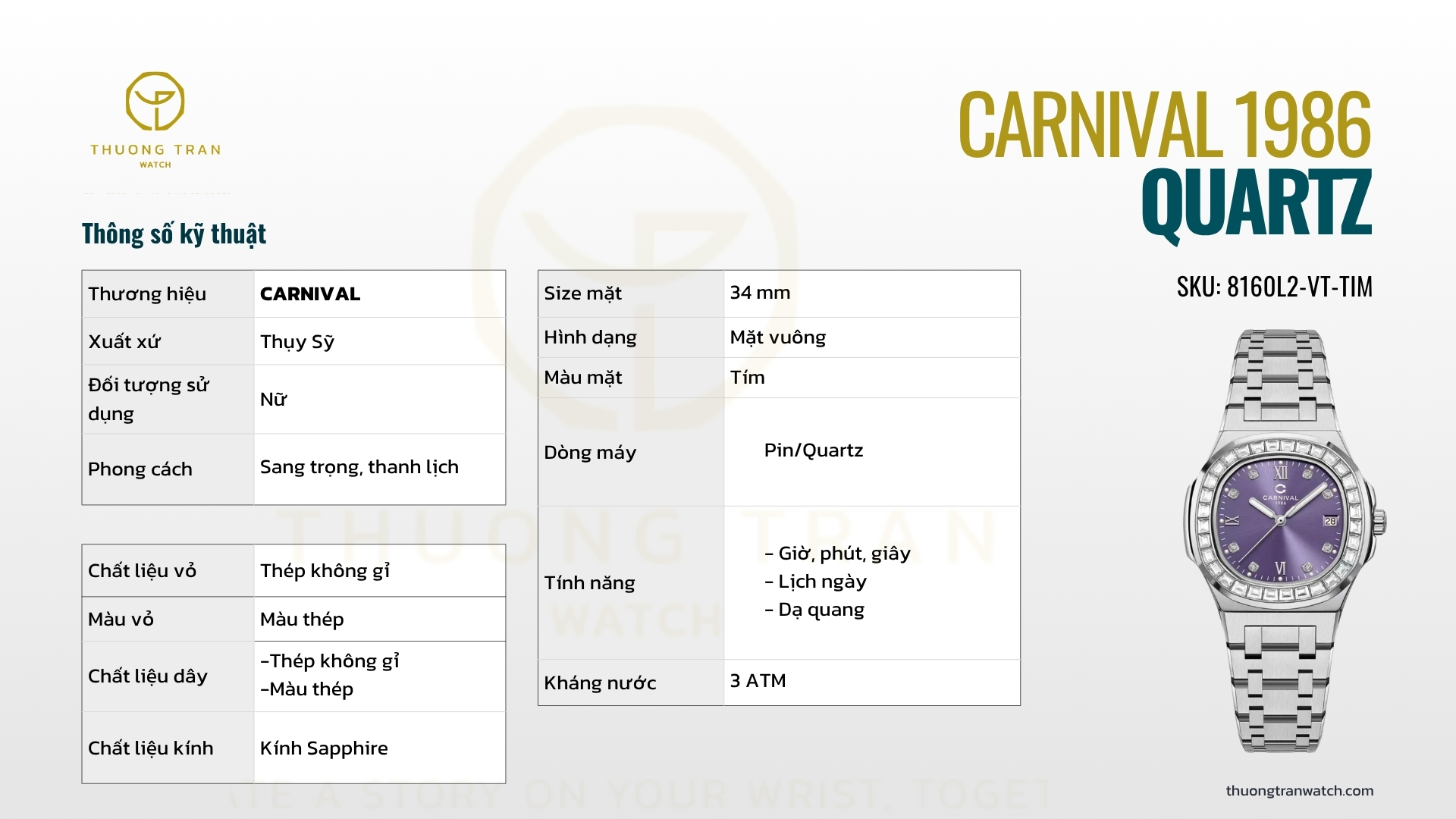 ĐỒNG HỒ NỮ CARNIVAL QUARTZ 8160L2-VT-TIM