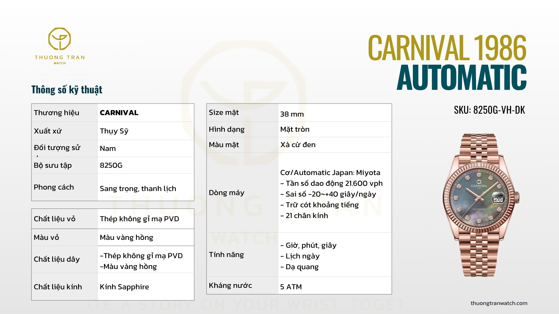 ĐỒNG HỒ NAM CARNIVAL AUTOMATIC 8250G-VH-DK