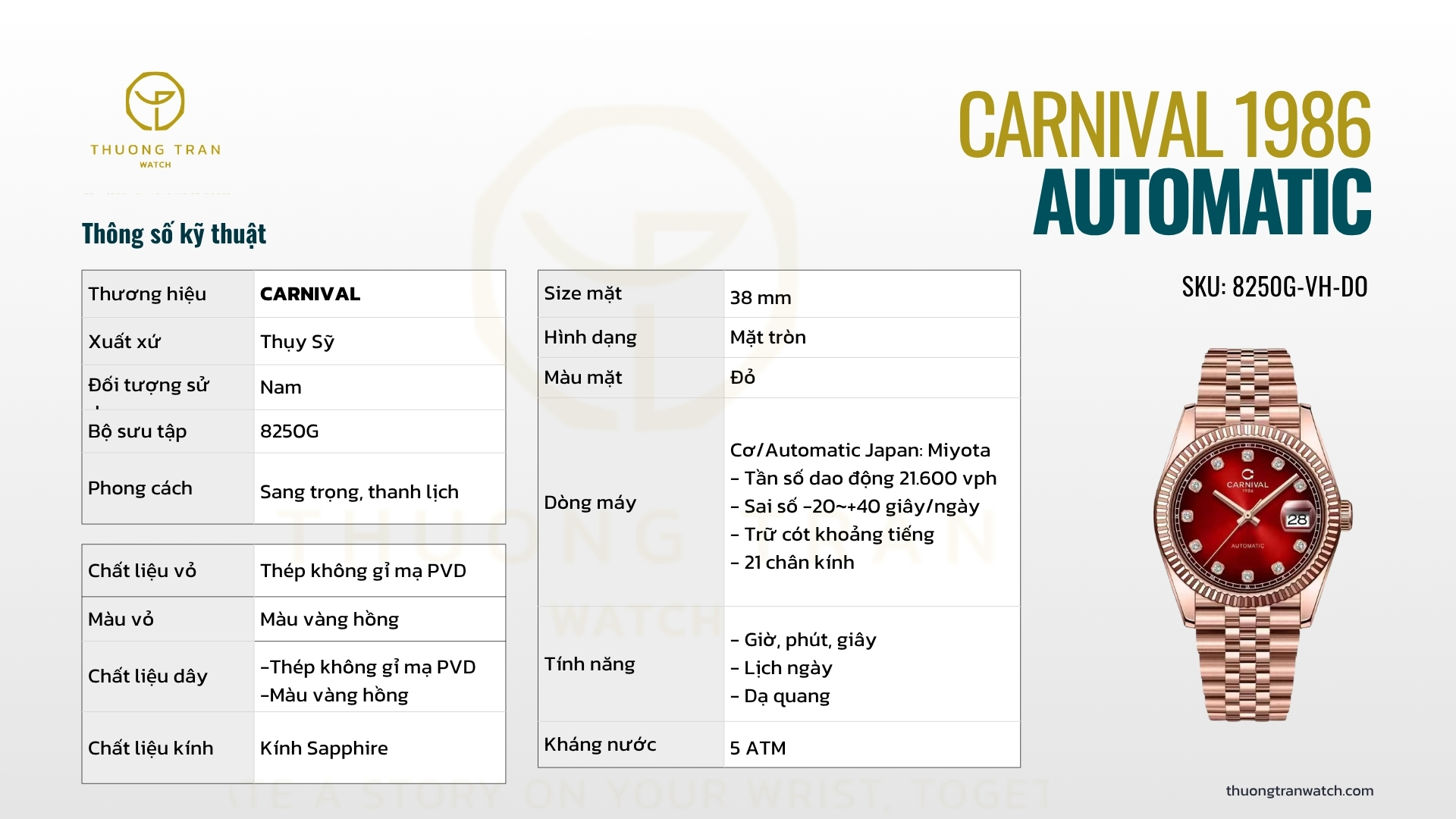 ĐỒNG HỒ NAM CARNIVAL AUTOMATIC 8250G-VH-DO