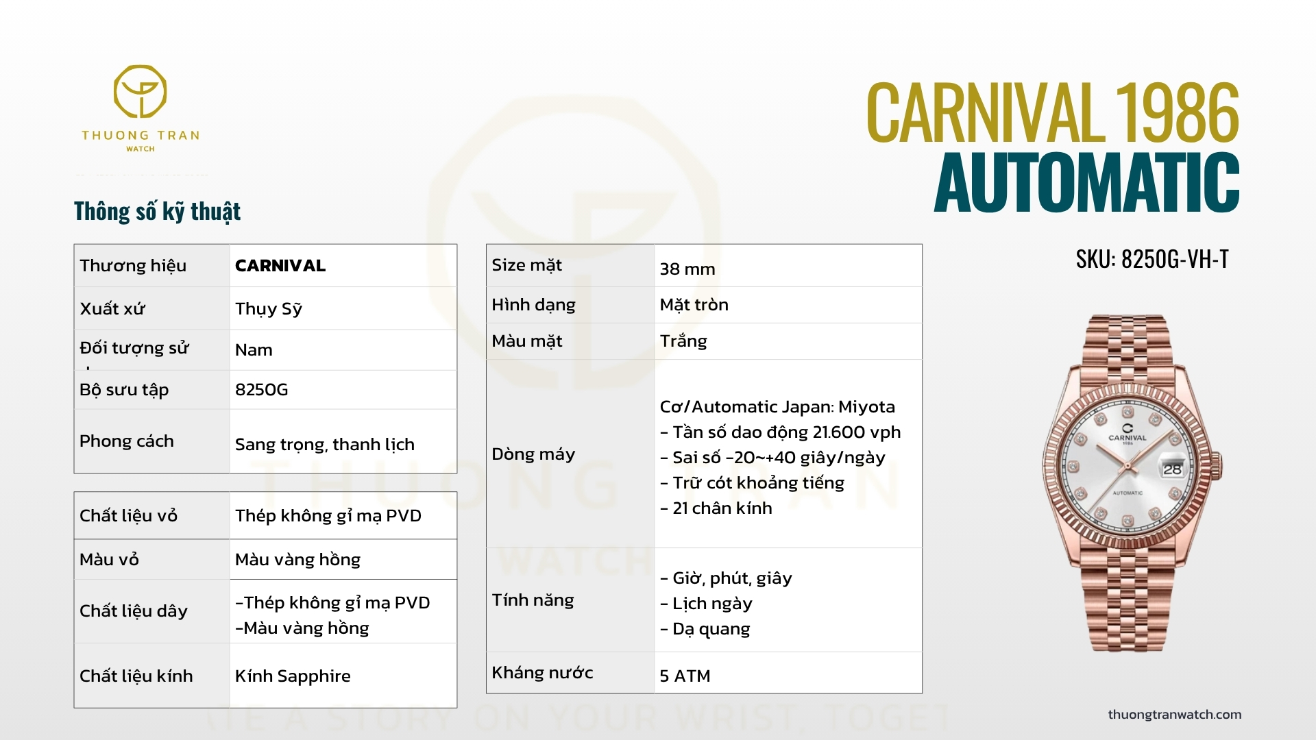 ĐỒNG HỒ NAM CARNIVAL AUTOMATIC 8250G-VH-T