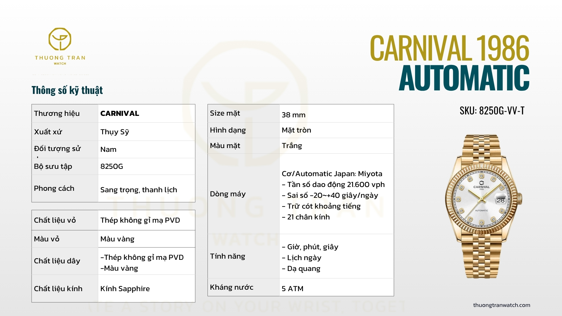 ĐỒNG HỒ NAM CARNIVAL AUTOMATIC 8250G-VV-T