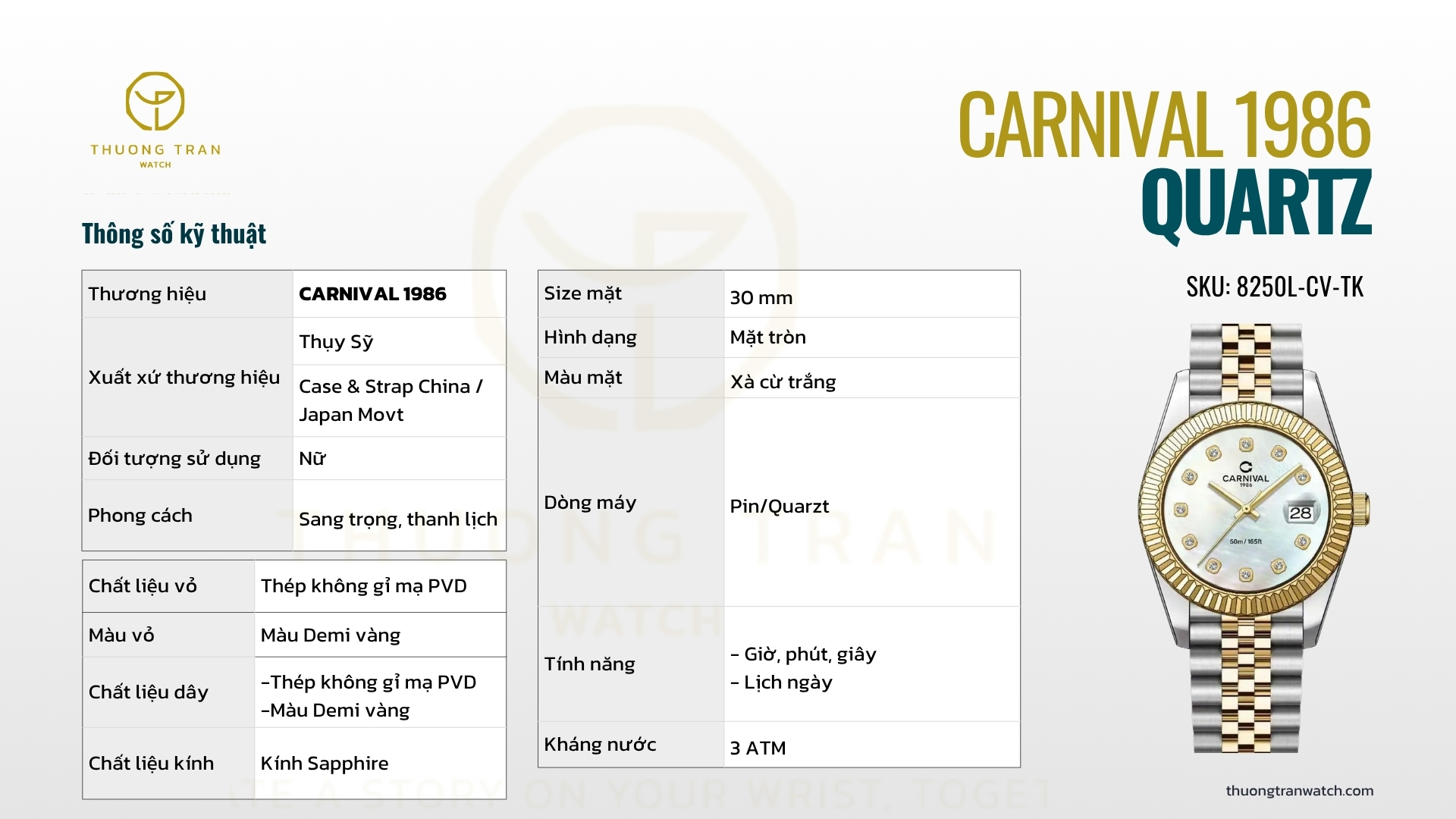 ĐỒNG HỒ NỮ CARNIVAL QUARTZ 8250L-CV-TK