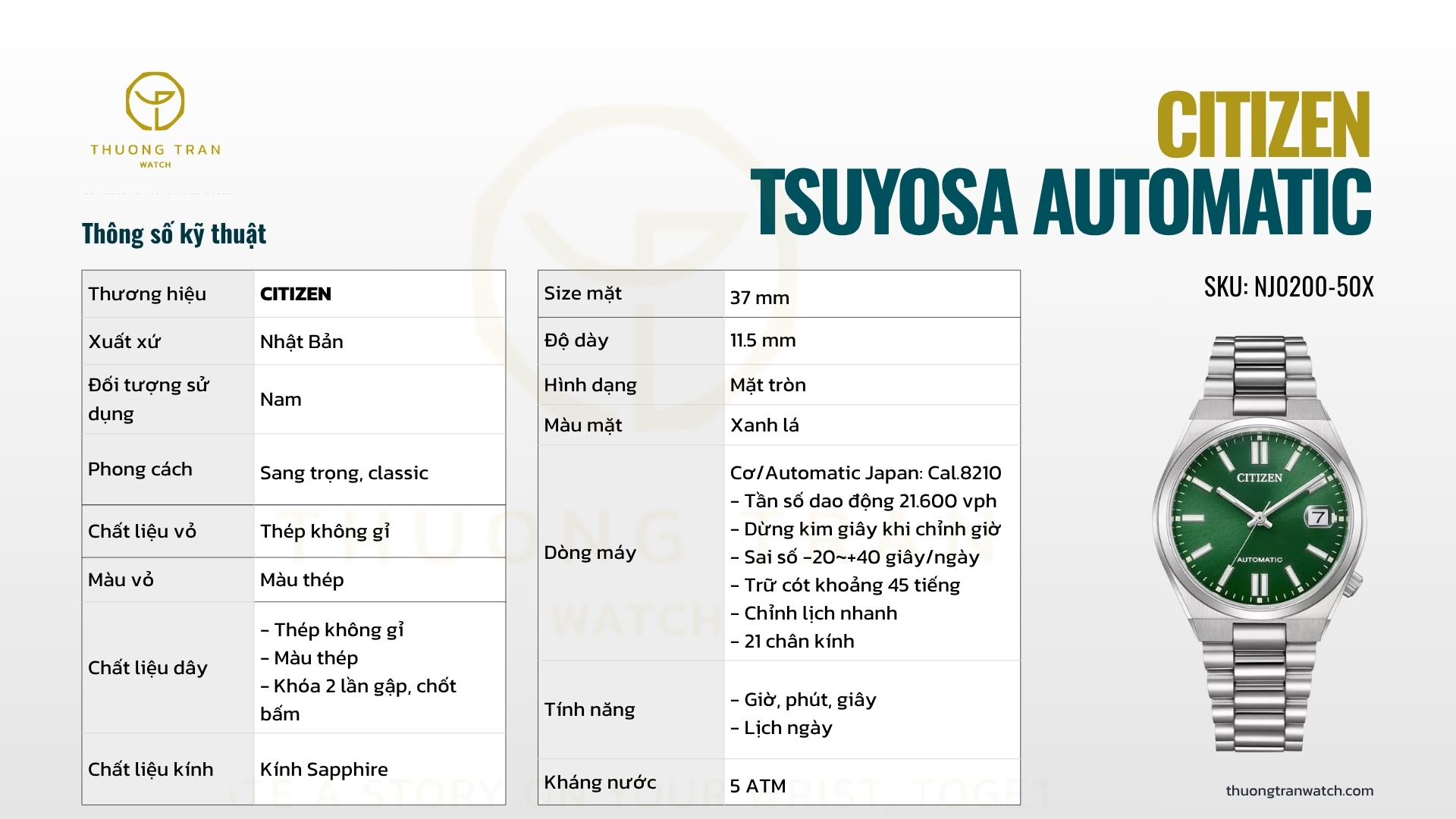 ĐỒNG HỒ NAM CITIZEN TSUYOSA AUTOMATIC NJ0200-50X