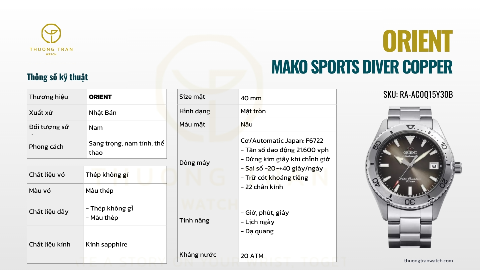 ĐỒNG HỒ NAM ORIENT AUTOMATIC MAKO SPORTS DIVER COPPER RA-AC0Q15Y30B