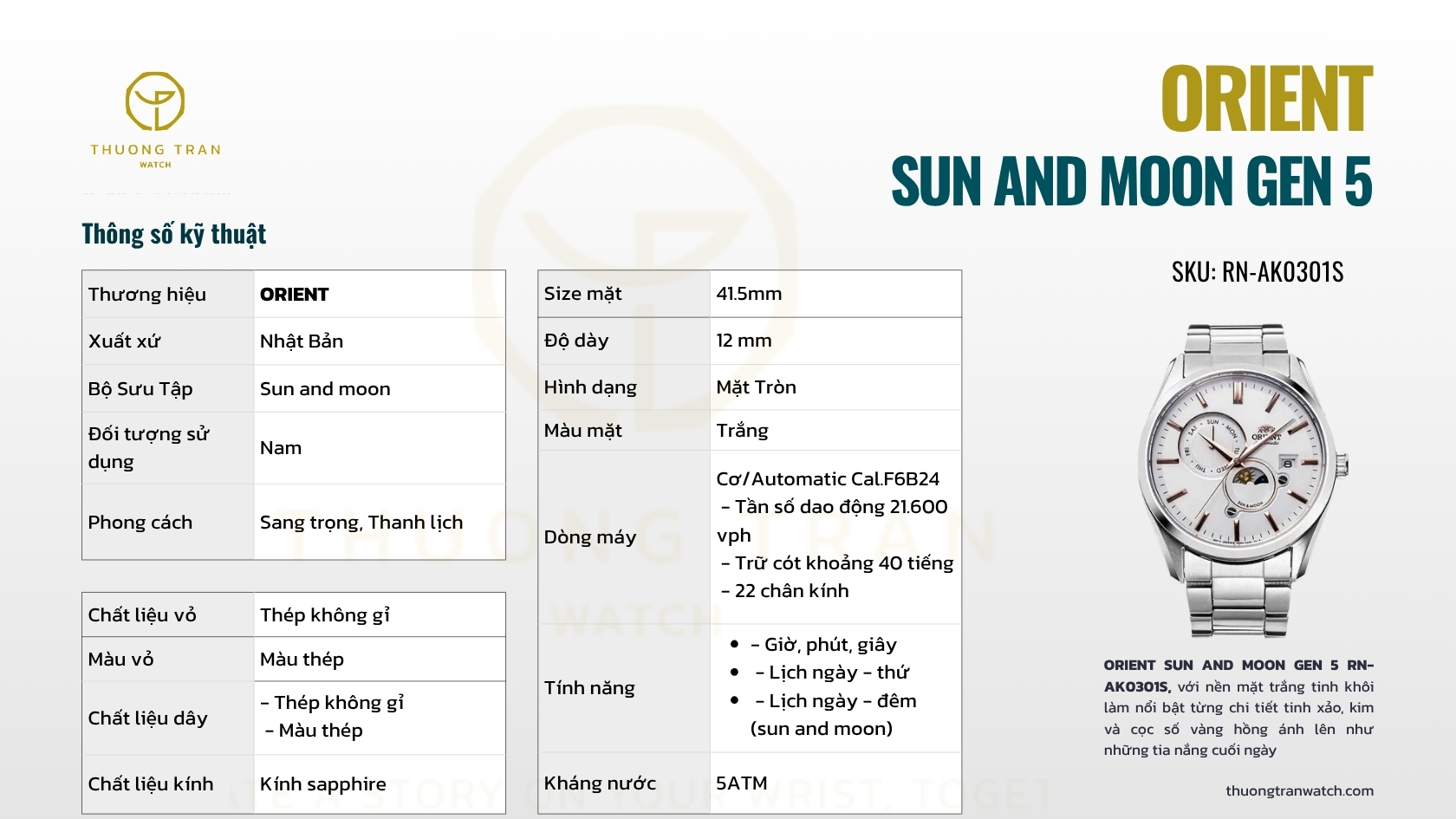 ĐỒNG HỒ NAM ORIENT SUN AND MOON GEN 5 RN-AK0301S