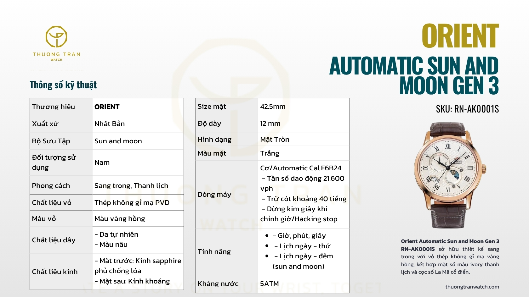 ĐỒNG HỒ NAM ORIENT AUTOMATIC SUN AND MOON GEN 3 RN-AK0001S (Nội địa)