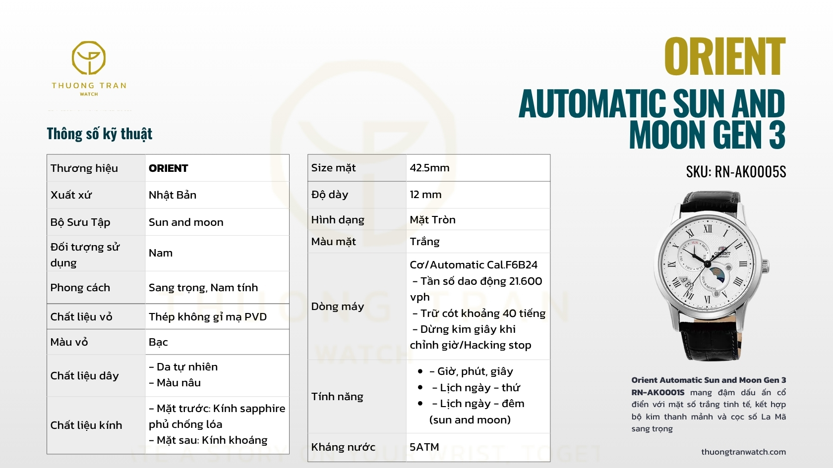 ĐỒNG HỒ NAM ORIENT AUTOMATIC SUN AND MOON GEN 3 FAK00002S0 ( SAK00002S0 ) ( RN-AK0005S ) NỘI ĐỊA