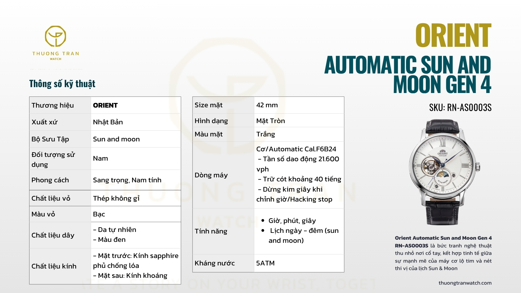 ĐỒNG HỒ NAM ORIENT AUTOMATIC SUN AND MOON GEN 4 RN-AS0003S (NỘI ĐỊA)